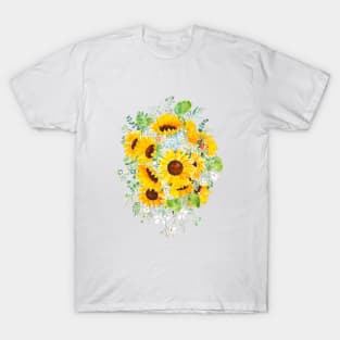 yellow sunflower blue hydrangea white orchid arrangement ink and watercolor T-Shirt